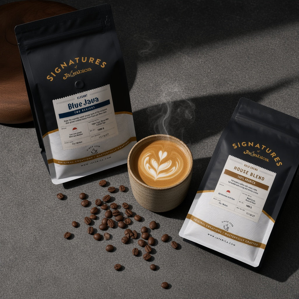 Javabica Signature Blends packaging with latte and coffee beans