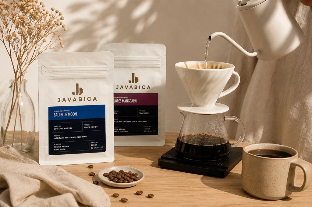 Javabica Single Origin bags with pour-over brew